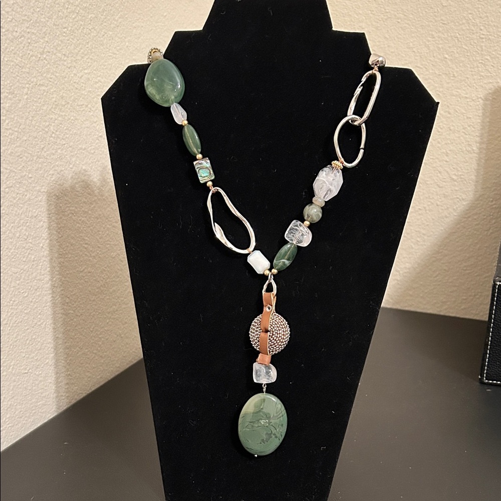Chico's Green, Silver and Leather Statement Necklace